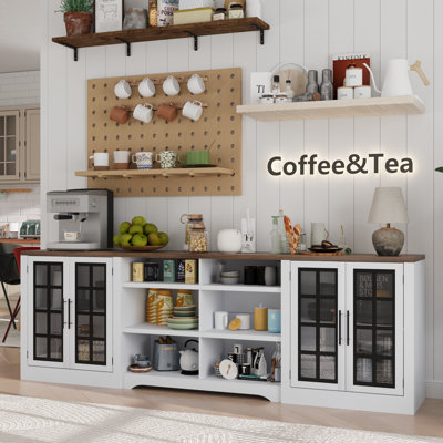 Très grand buffet armoire avec rangement, armoire-bar de style campagnard de 94,5 po avec portes en verre et tablettes ouvertes, armoire de rangement en bois pour salon, blanc