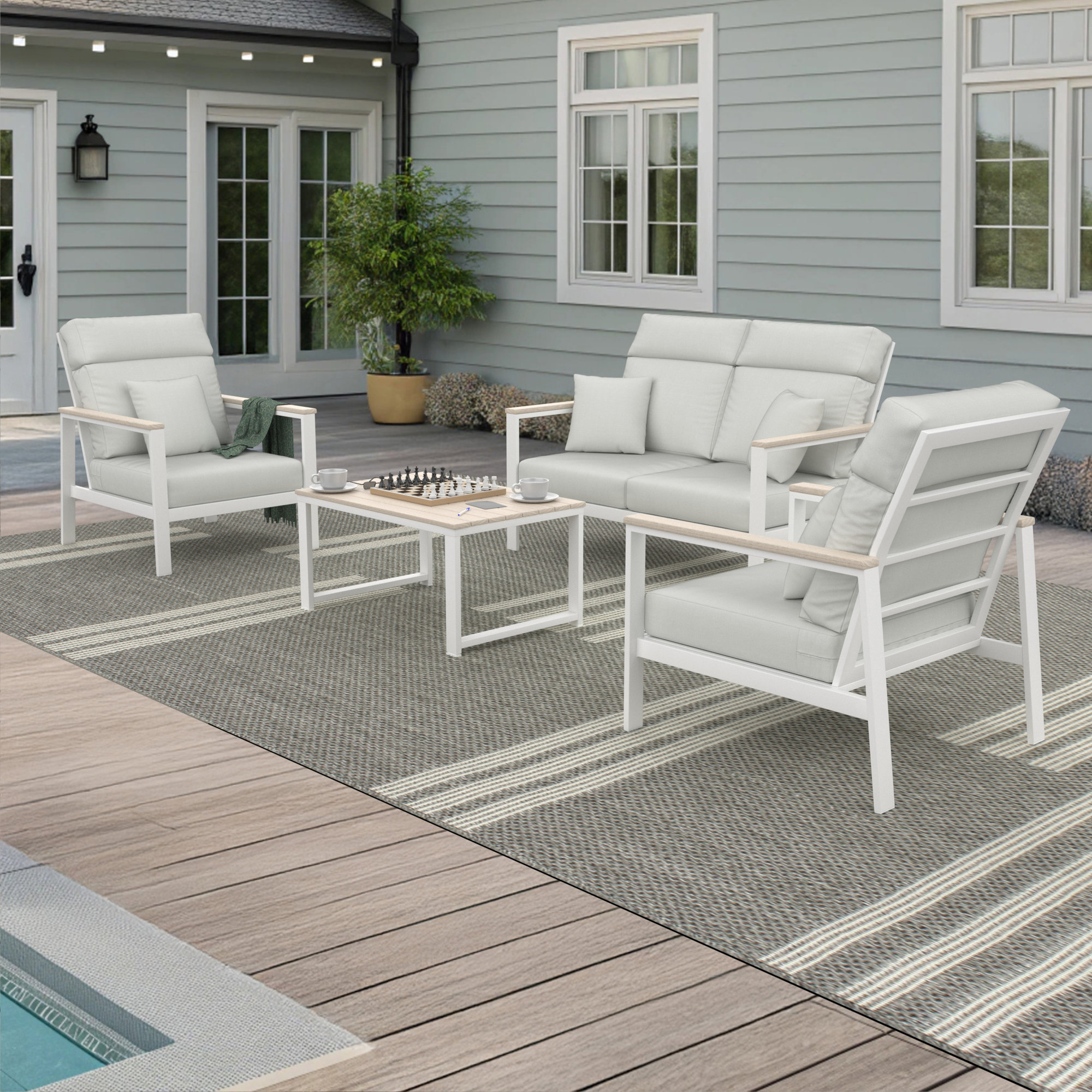 Hofman 4 Person Seating Group With Sunbrella Cushions, Beige, Canvas White