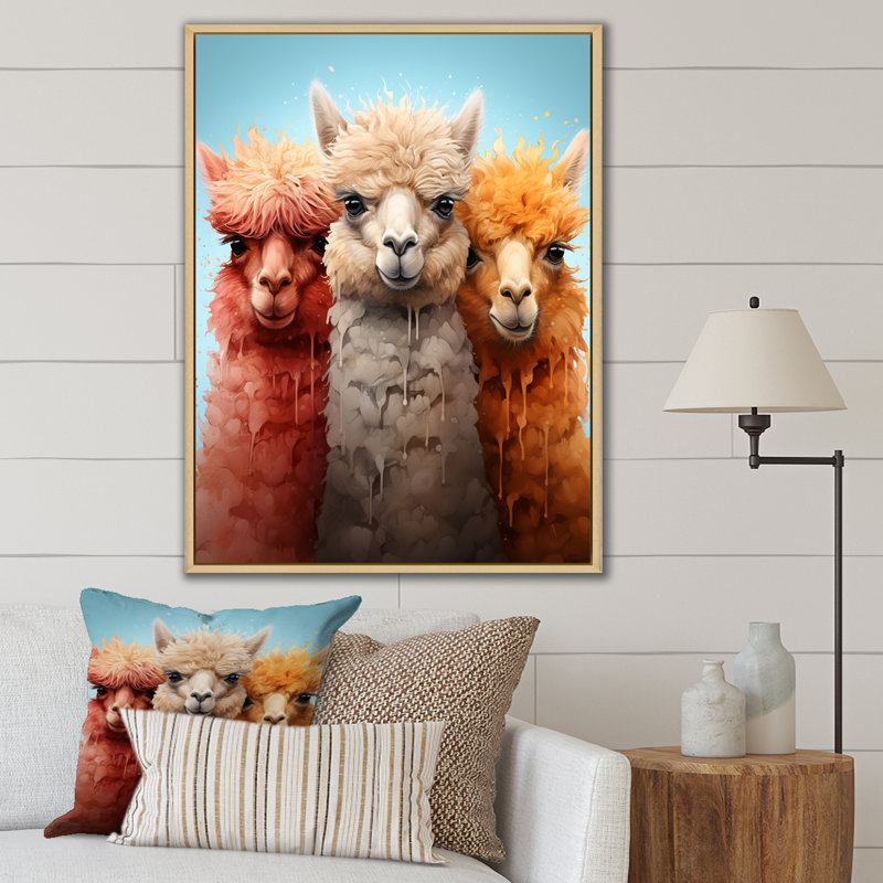 Cheerful Alpaca Family Portrait I - Alpaca, art mural, Cadre flottant brun, H 44 po x l 34 po x P 1,5 po