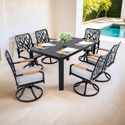 7-PC Outdoor Patio Aluminum Furniture Set, Modern Dining Set With 6 Swivel Rockers Sunbrella Fabric Cushioned, Nature-Inspired Branch-Like Backrest, Rectangular Table With Umbrella Hole, Bourbon Brown