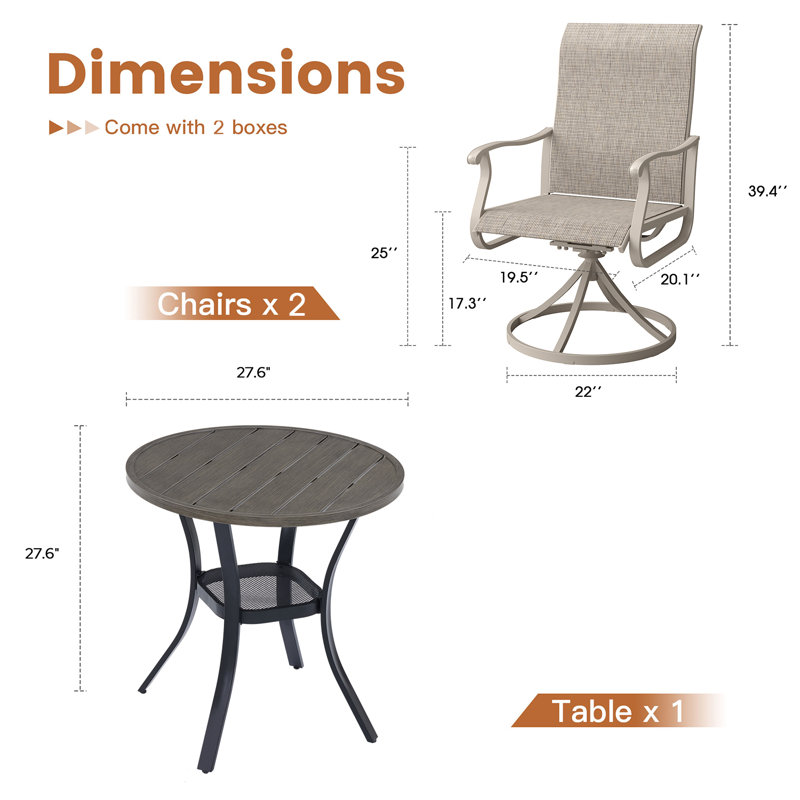 Round Patio Dining Set, Bois brossé gris / noir / coquille de sable
