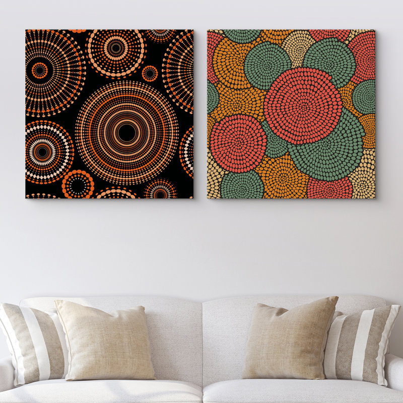 "Totem rétro", art géométrique multicolore mandala sur toile, 2 pièces, H 12 po x l 24 po x P 1,5 po