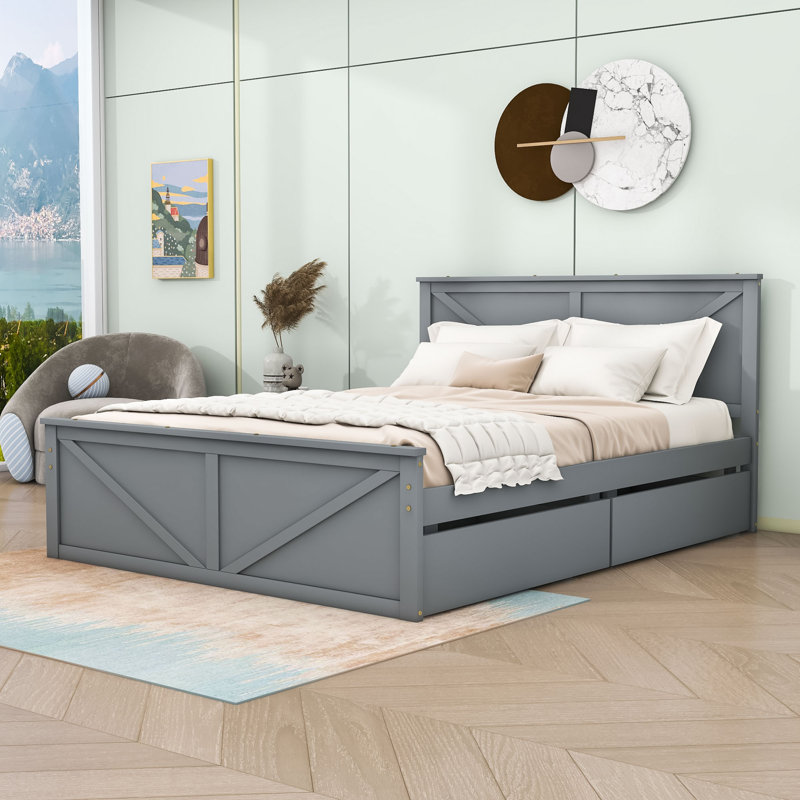 Lit plateforme en bois avec tête de lit et 4 tiroirs Rochelly, gris, Très grand
