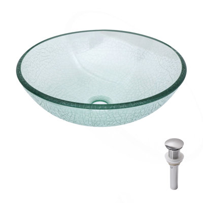 Lavabo de salle de bain en verre trempé craquelé avec bonde escamotable, bol rond en verre trempé transparent (sans robinet)