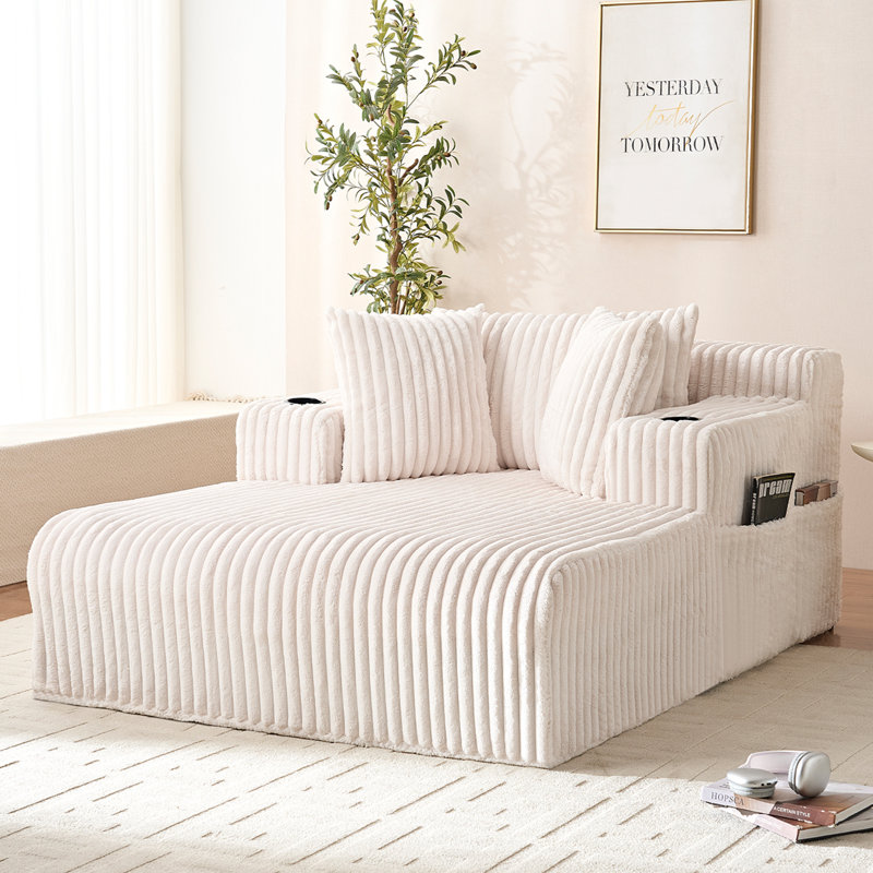 Canapé-lit en velours côtelé moelleux avec accoudoirs, porte-gobelets et poches de rangement latérales , Beige