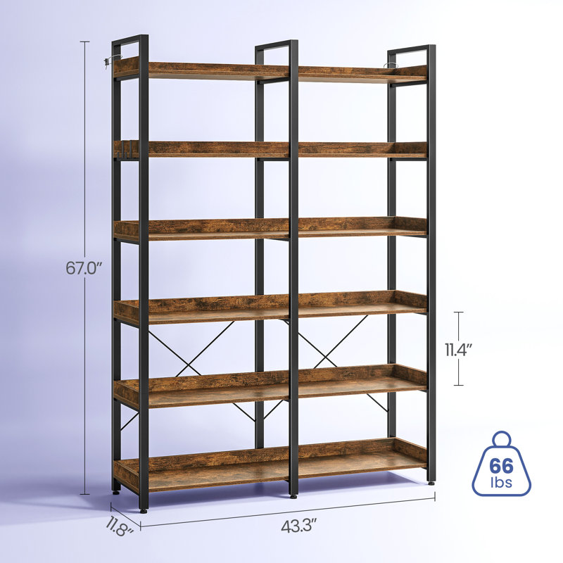 Bookshelf 6 Tier with 4 Hooks and fence, etagere bookcase with Open Shelves, Black/Brown