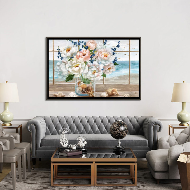 «Coastal Window» par Nan - reproduction, H 40 po x l 60 po x 1,5 po, Cadre rustique foncé