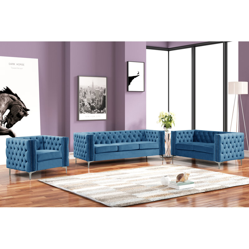 Ensemble de salon en velours 3 pièces Prats, Velours bleu royal