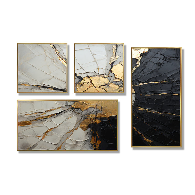 Beige noir minimalisme poteries - Beige, reproduction d'art sur toile 4 pièces, Impression encadrée sans passe-partout, Doré