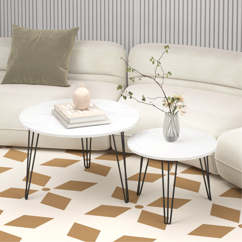 Ensemble de 2 tables basses rondes gigognes, Blanc, Marbre