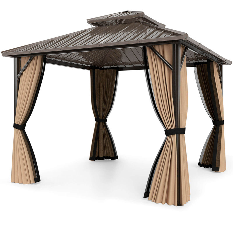 Hardtop Gazebo with Netting Heavy-Duty Double-Roof Galvanized Metal Top, 120" H x 120" W x 117" D