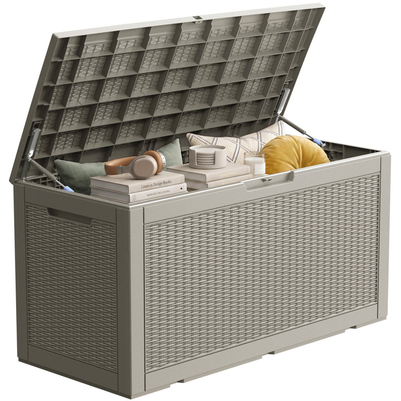 PawsomePad 100 gallons Boîte de rangement extérieure, contenant de terrasse en résine imperméable avec couvercle verrouillable, organisateur de patio pour coussins et outils de jardin, gris
