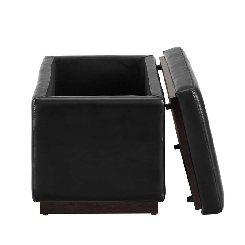Atreju Faux Leather Ottoman, Black Faux Leather, Dark Walnut
