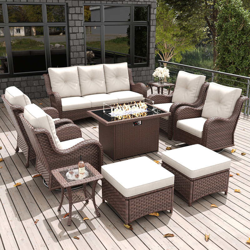 LayinSun 10 Pieces Outdoor Patio Furniture Set With 44'' Propane Fire Pit Table, Beige, Brown