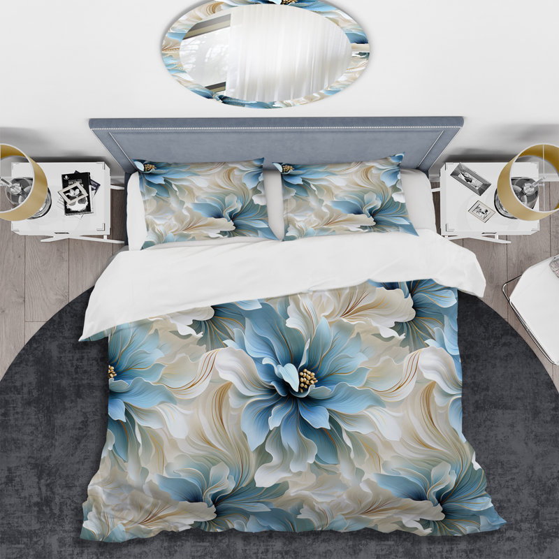 Ethereal Blue and White Damask Dreams - Ensemble de housse de couette à motif floral - Microfibre de polyester