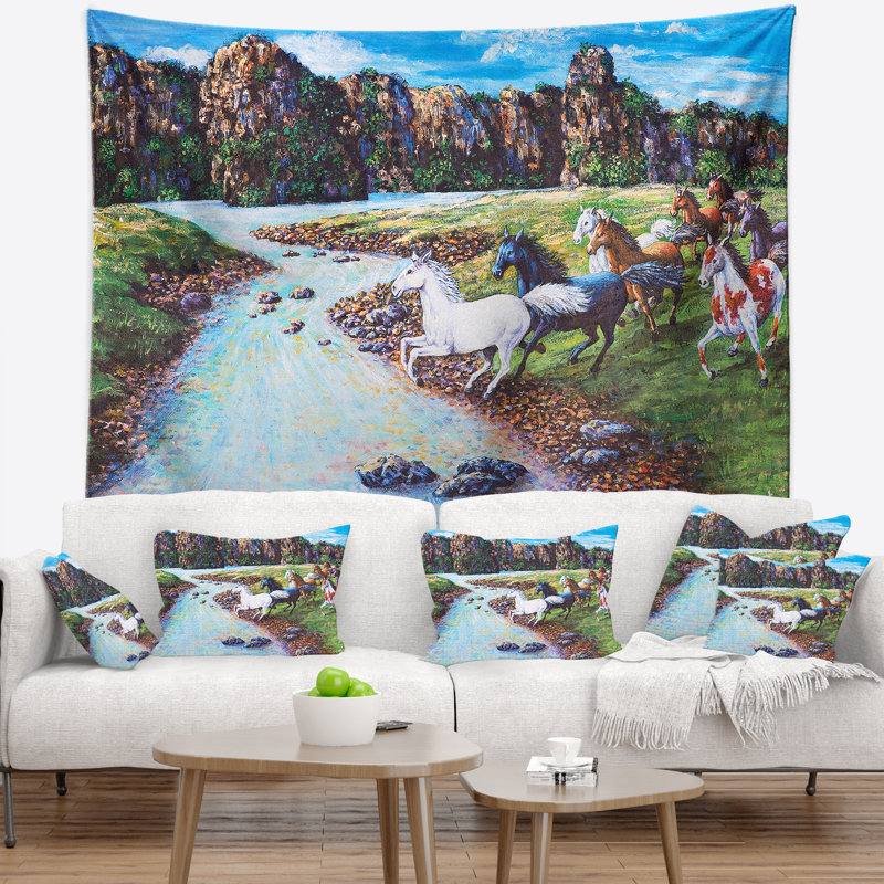 Tapisserie Chevaux traversant le ruisseau, H 50 po x l 60 po