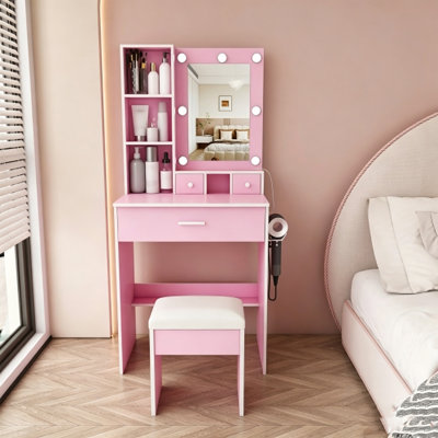 Uwant Vanity Table with Adjustable LED Lights and Mirror, Small Makeup Vanity Desk with Power Outlet and Hairdryer Holder, Compact Dressing Table with Stool for Bedroom
