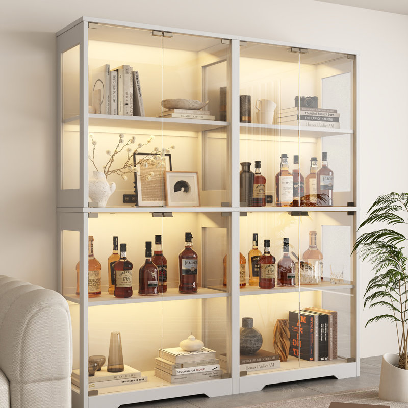 Bibliothèque Anmol l 56,6 "x H 64,9" avec portes en verre trempé et 3 lumières DEL de couleur, White