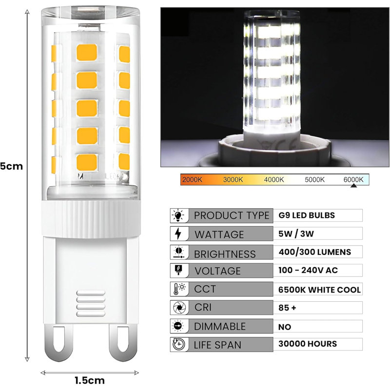G9 LED Bulb, Cool White 6500K G 9 LED Bulbs, 3W 300LM G9 Capsule Bulb, Non Dimmable Energy Saving Light Bulb for Chandelier, Ceiling Lights, Wall Light, Crystal Lamp, Ceiling Fan Light