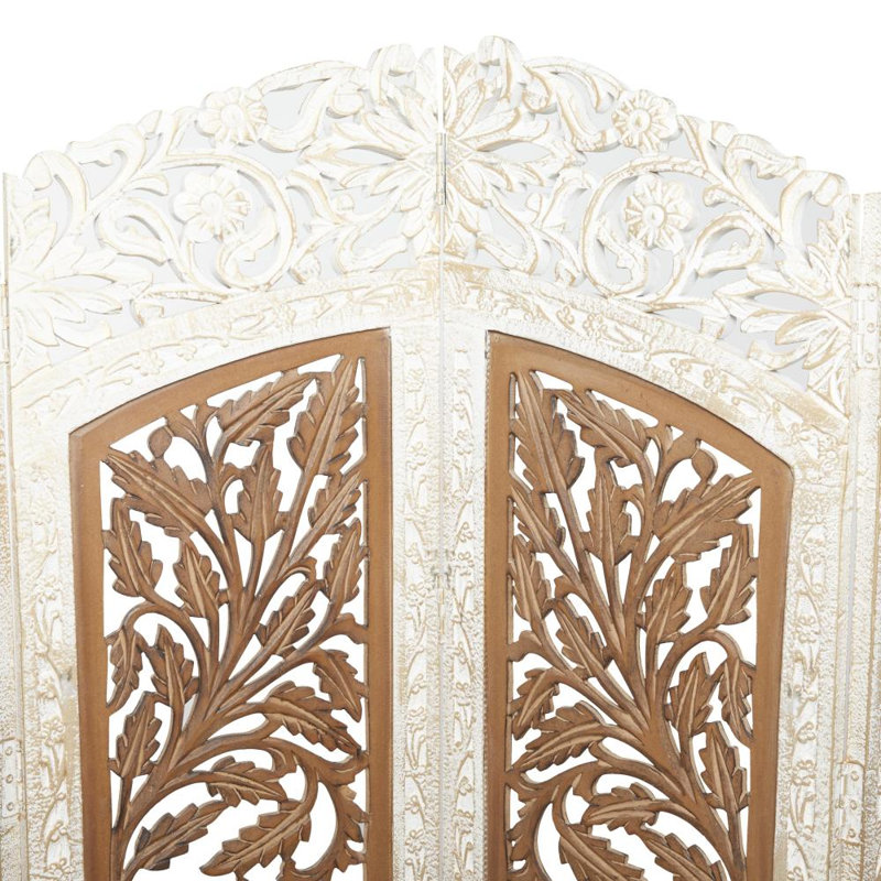 Cloison de séparation en bois de manguier pliable faite à la main à 4 panneaux brun avec motifs sculptés, 62 po x 1 po x 72 po