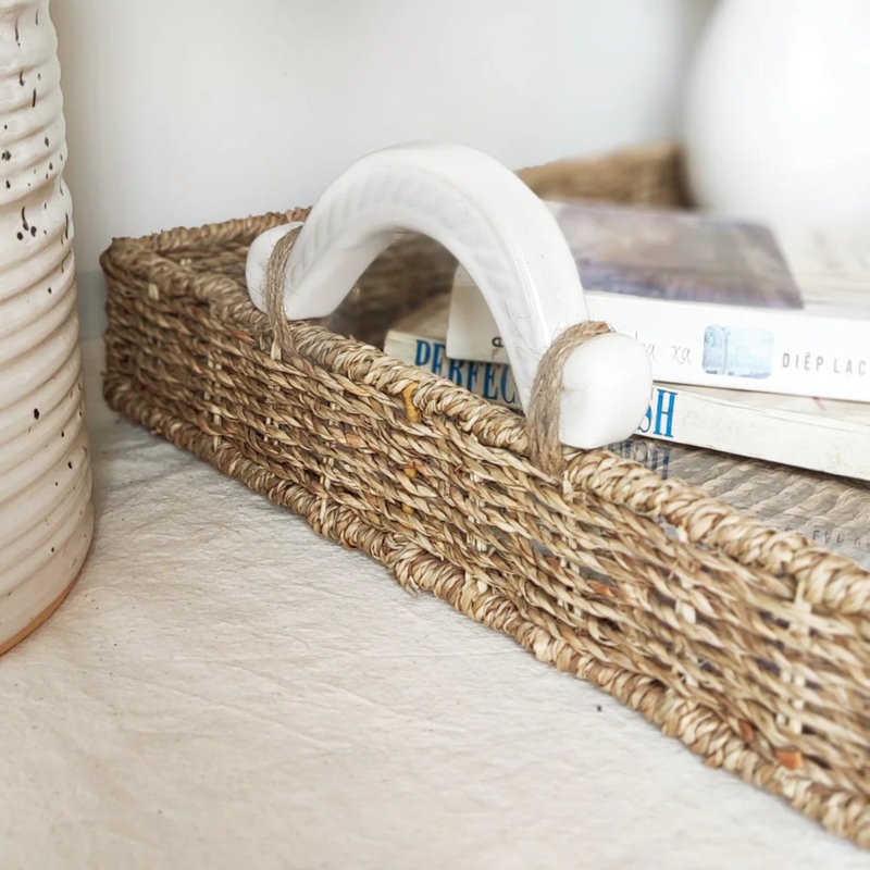 Handcrafted Seagrass Rectangular Tray With Ceramic Handles