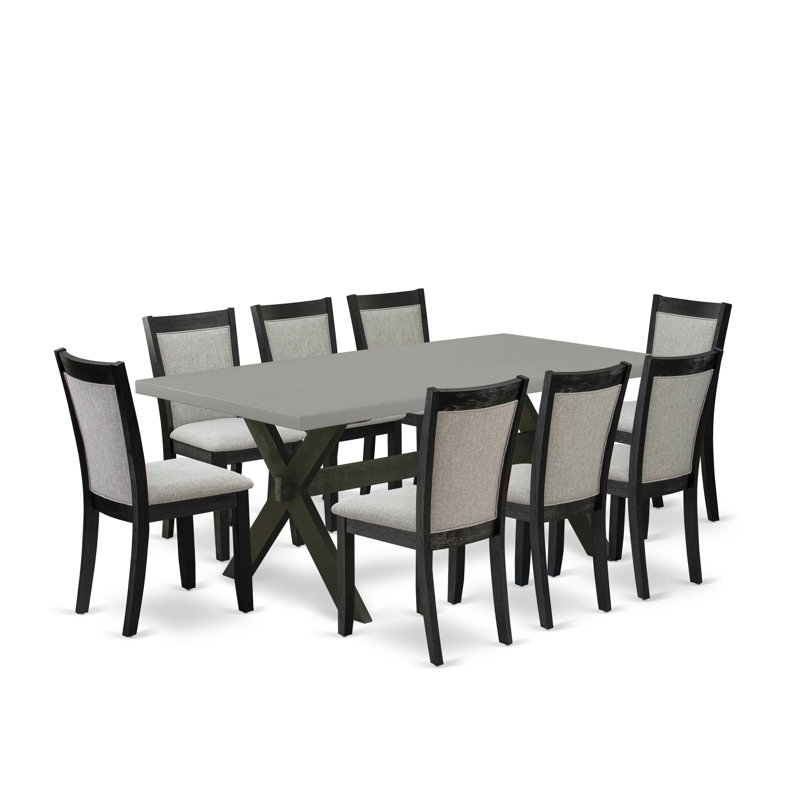 9 Piece Kitchen Table & Chairs Set Includes a Rectangle Dining Room Table with X-Legs and 8 Shitake Linen Fabric Parsons Chairs, Wire brushed Black