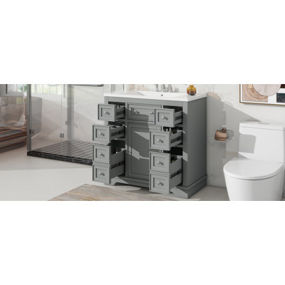 Meuble-lavabo de 91 cm avec lavabo intégré, 1 armoire et 6 tiroirs, gris