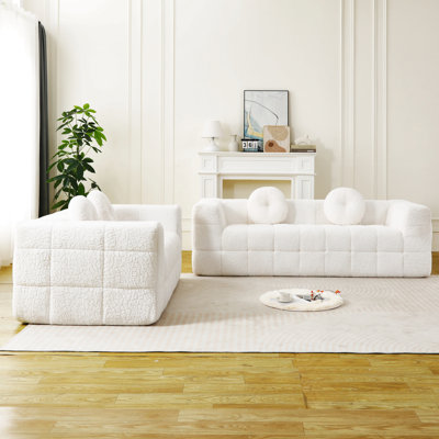 Canapé moderne sans os avec deux coussins décoratifs circulaires, tissu en polyester à poils longs texturé litchi doux pour la peau