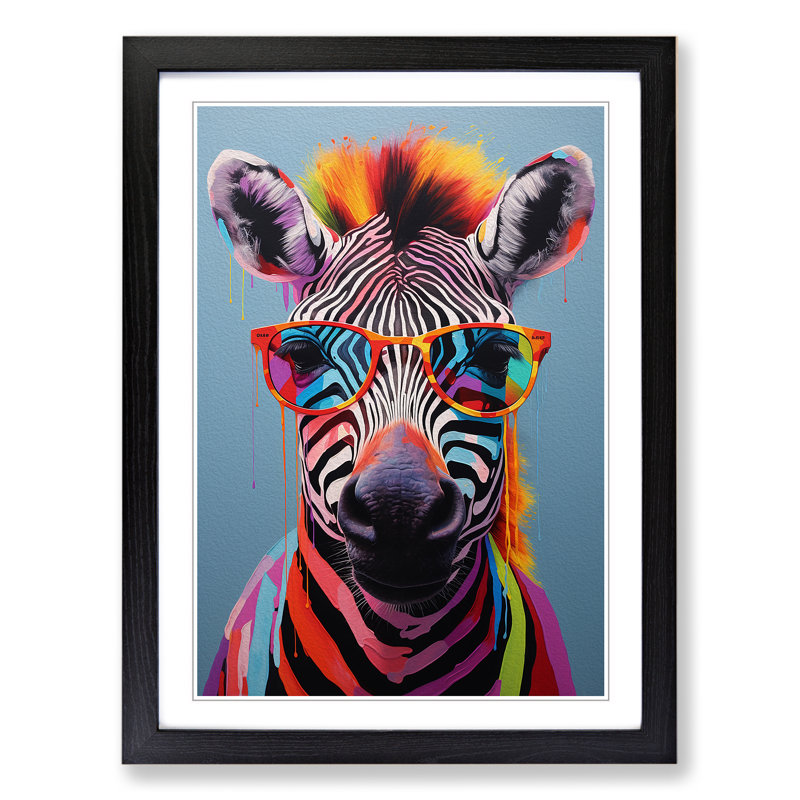 Zebra With Glasses Painting - Single Picture Frame Print on Wood, Black, 64cm H x 46cm W x 2cm D