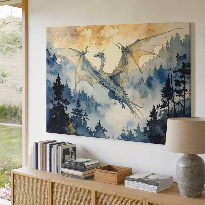 Art mural éthéré Dragon Flight Canvasserene Fantasy Art Above Misty Pine Forest, H 20 po x l 30 po