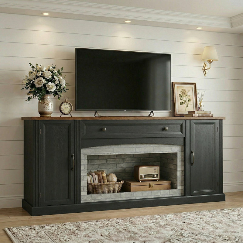 Meuble télé en noyer avec décorations en brique grise pour téléviseur de 70 po ou moins, console média avec gestion des câbles et rangement