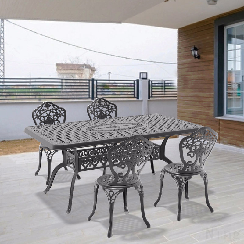 5-Piece Set Of All-Weather Cast Aluminum Dining Furniture Set With Black Frame, 4