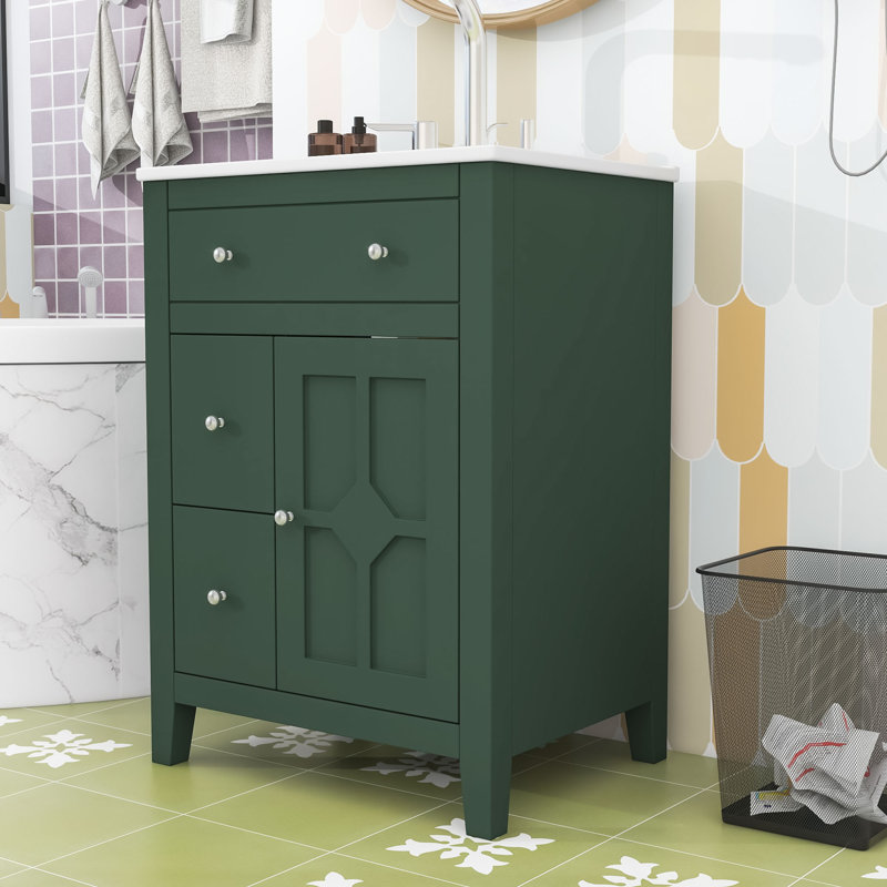 Meuble-lavabo avec lavabo en céramique, 2 tiroirs et tablette réglable, Vert