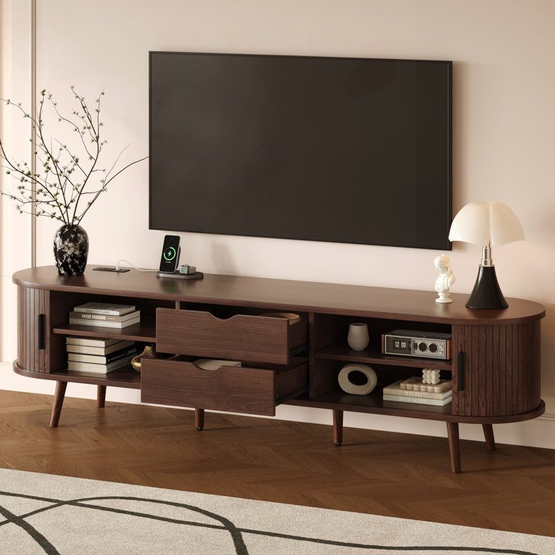 Meuble télé de style années 50 avec portes tambour et prise électrique – Convient aux téléviseurs de 80 pouces