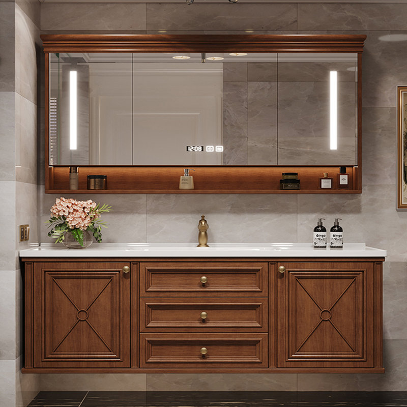 Armoire de salle de bain de style médiéval américain, Brun, H 21,65 po x l 63,39 po x P 19,69 po