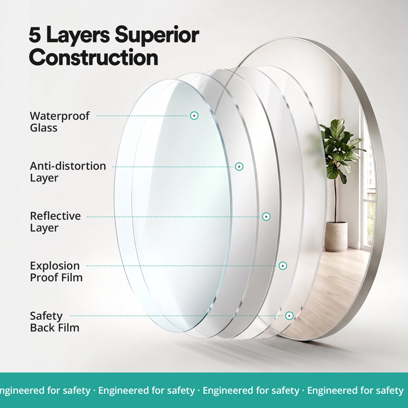 Miroir mural rond FINE FIXTURES, H 18 po x l 18 po, Nickel satiné, Acier Inoxydable