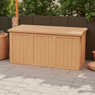 Outdoor Wooden Deck Box Solid Wood Storage Box Seat & Table Top For Patio Furniture Cushions, Pool Toys & Garden Tools by Busaurus Inc