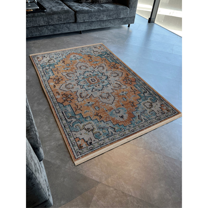 Tapis décoratif bleu à motif traditionnel bleu et orange, Tapis de couloir 2 pi 8 po x 7 pi 11 po