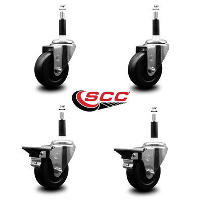 Soft Rubber Wheel Swivel Expanding Stem Caster Set 2 Brakes SCC PLB 3.5" x 7/8"