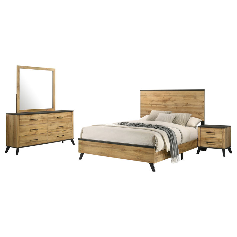 Ensemble de chambre avec grand lit 4 pièces Falu Pin naturel, 4 Pcs: Dresser; Mirror; Bed; Nightstand, Grand