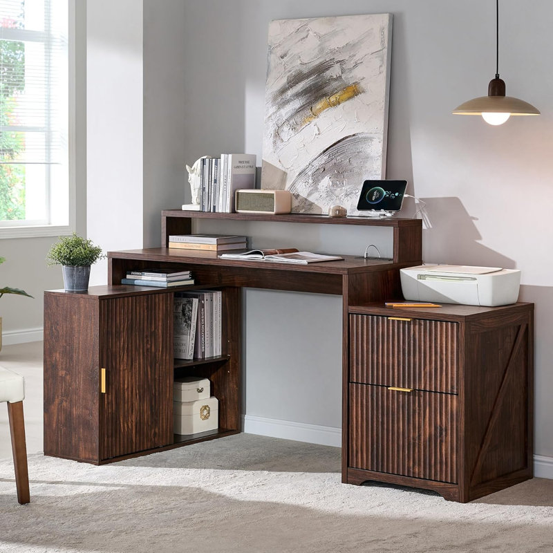 67" L Shaped Desk With Drawers And Power Outlet, Home Office Computer Desk With Monitor Stand, Storage Cabinet, Dark Walnut