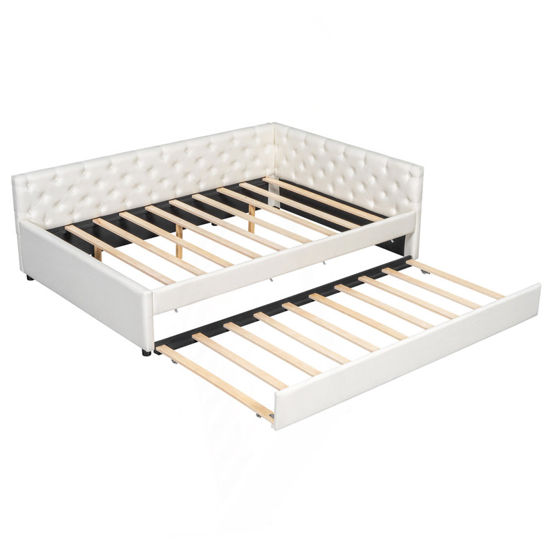 Lit plateforme tapissier double capitonné avec lit gigogne simple TG, Beige