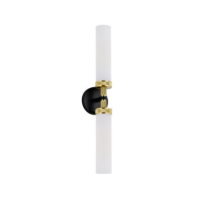 Modern Hardwired Wall Sconce With Milk Glass Shades, Textured Metal Bathroom Vanity Light For Over Mirror, Black And Gold Finish, 25 Inch Height