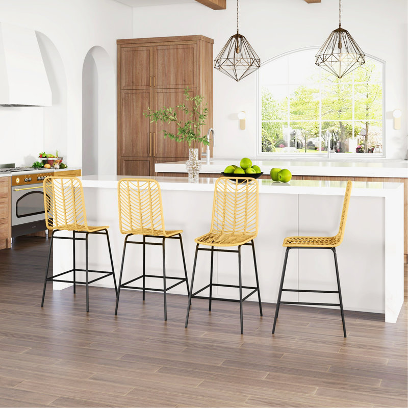 Tabourets de bar, tabourets de bar avec siège et dossier en osier respirant, tabouret de bar à cadre en métal pour la cuisine, la salle à manger, le bar