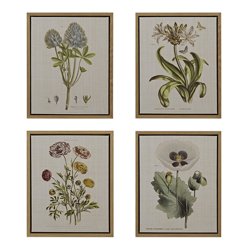 Lin botanique, art décoratif - 4 pièces pour murs de chambre à coucher, mur encadré 4 chambres à coucher en toile