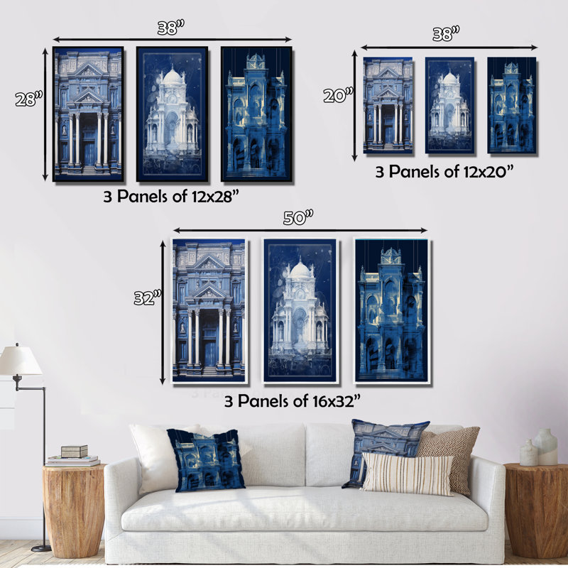 «Blueprint Of London Architecture», 3 pièces sur toile, Encadrement doré, H 32 po x l 48 po