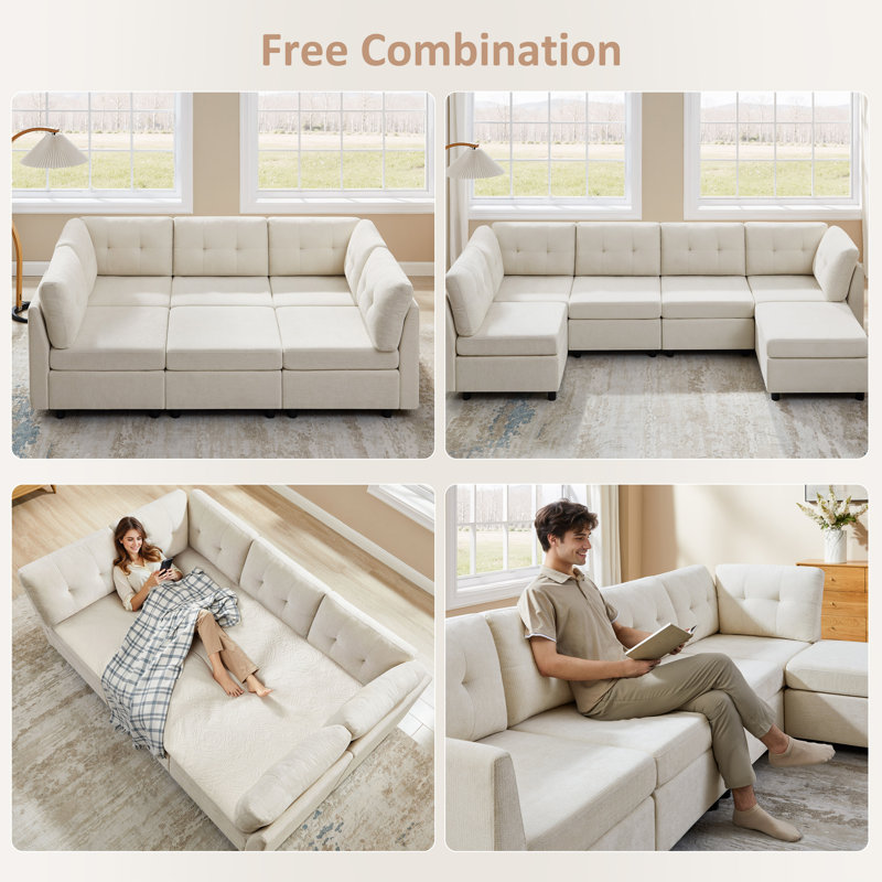 Chenille Upholstered Sectional Sofa Couch With Ottoman, Beige Polyester