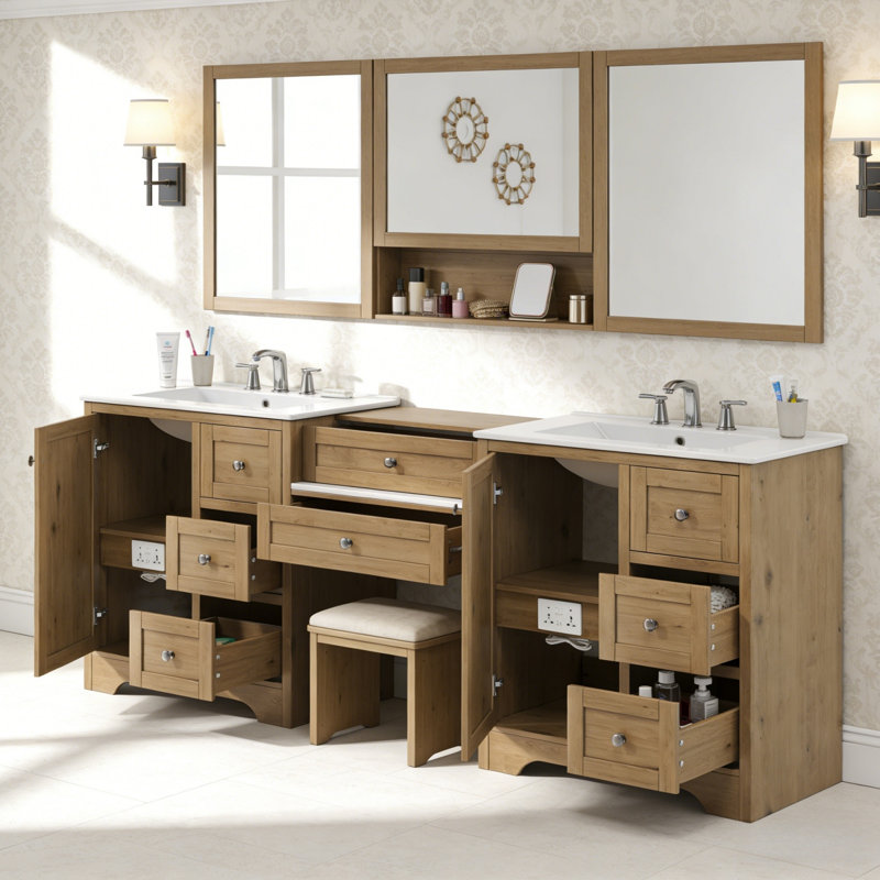 84'' Double Bathroom Vanity With Quartz Top And Buld In Power Outlets, Natural Wood
