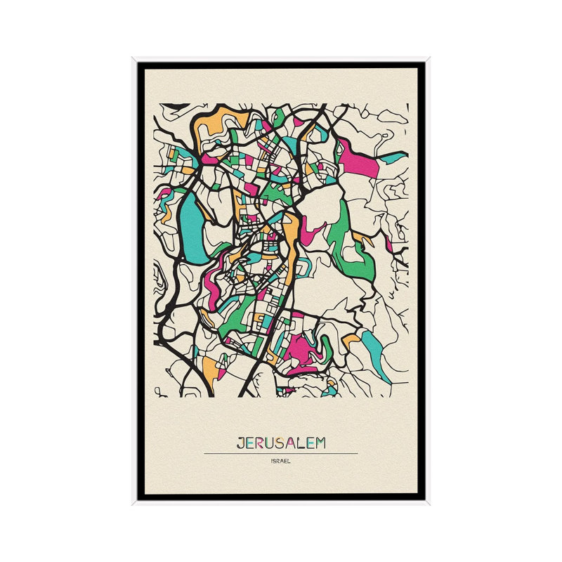 Jerusalem, Israel Map by Ayse Deniz Akerman - Floater Frame Print on Canvas