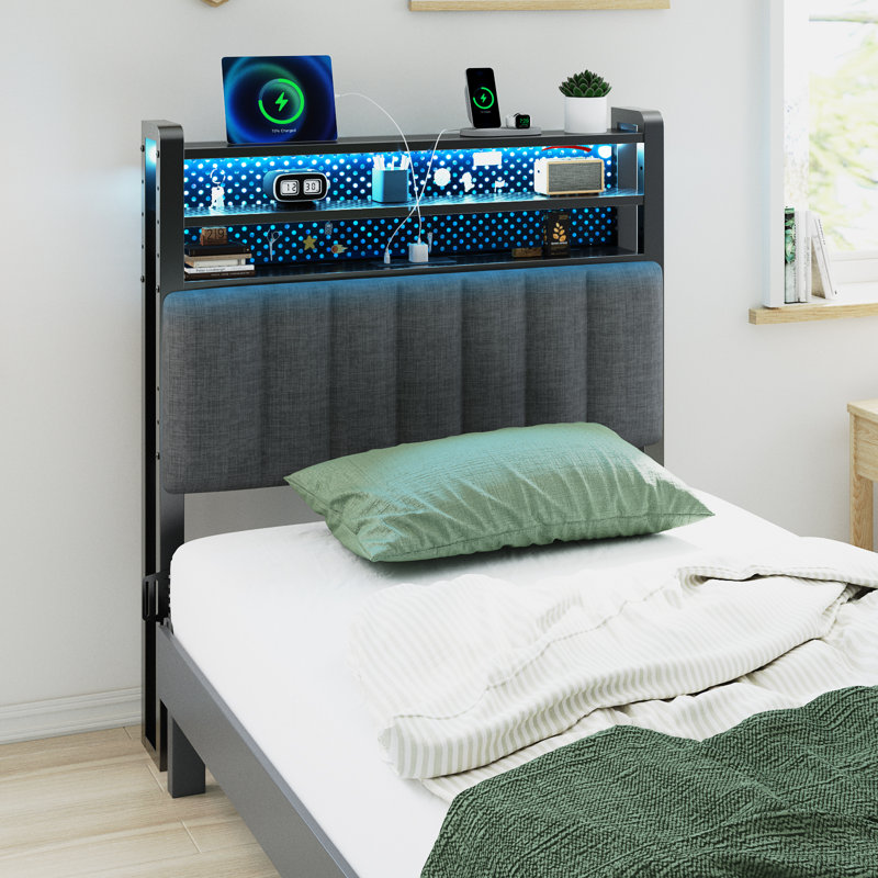 Twin Or Twin XL Size Headboard, Adjustable Upholstered Headboard With 3 Tier Shelves And Pegboard With Charging Stations And LED Lights, Modern Bed Headboard With Storage Linen And Dark Gray